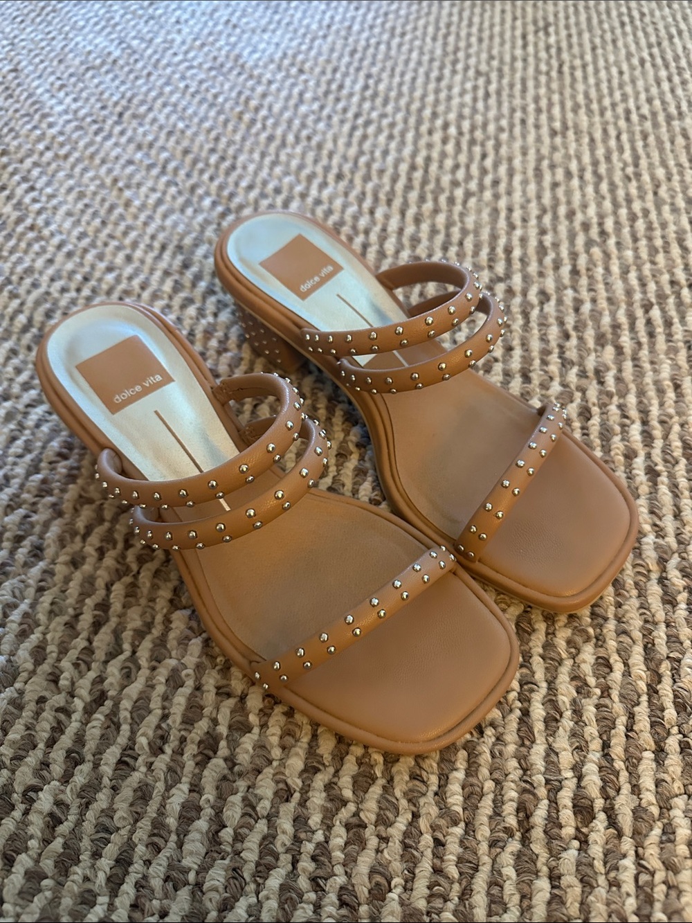Dolce Vita Tan Studded Triple-Strap Slide Mules